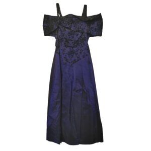 Vintage Dark Purple Prom Dress Off the Shoulder Black Floral Bows Top Size 7/8